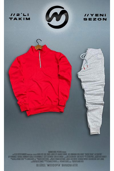 Moodopia Red Half Zipper Gray Sweatpants Set 2-Piece Combination