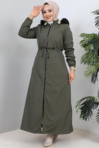 benguen 1055 Hooded Long Bondit Coat with Fur Detail on the Collar Khaki
