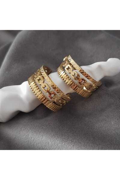 Betül Çekiç Çelik Desenli Halka Gold Renk Kadın Küpe