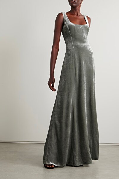 World Fashion Trends Gri Esnek Uzun Kadife Elbise