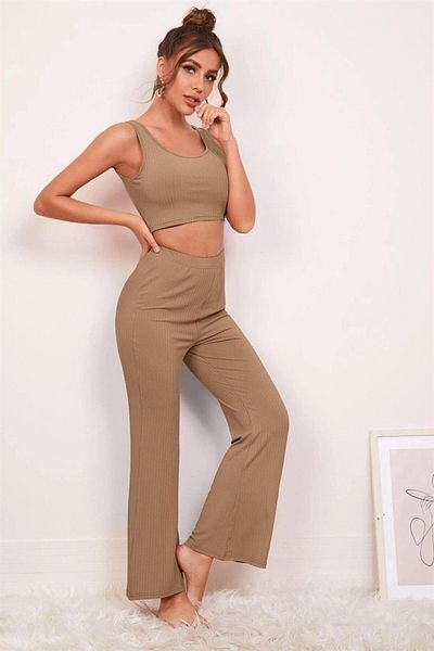NİMSE LOVE Viscose Pale Brown 3-Piece Crop Trend Large Size Nightgown 7007