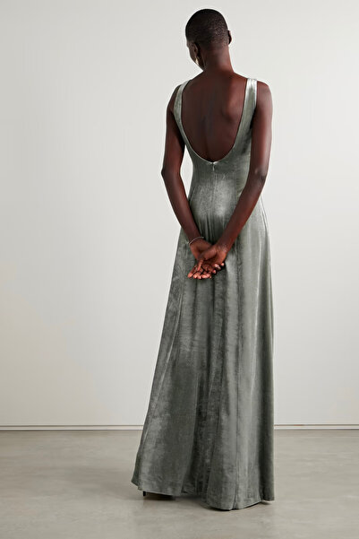 World Fashion Trends Gri Esnek Uzun Kadife Elbise