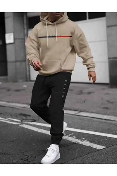 LA VESTİTİ Men's Oversize Paris Printed Cotton Tracksuit Set - Hooded Sweatshirt High waist Jogger