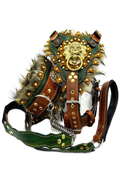 Tasma Market Kahverengi-yeşil Tüylü Deri Köpek Boyun Göğüs Gezdirme Tasması 3'lü Set