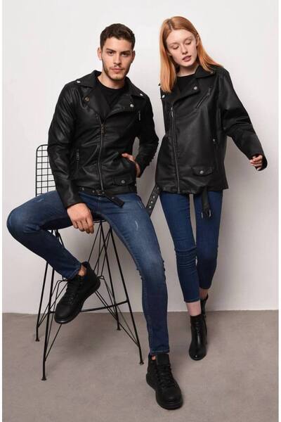 tetramoda سترة جلدية سوداء بسحاب مفصل للجنسين