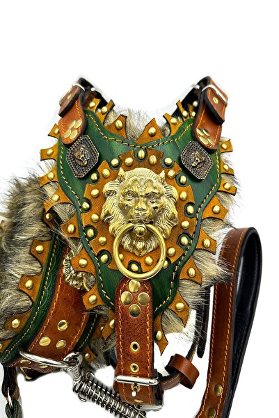 Tasma Market Kahverengi-yeşil Tüylü Deri Köpek Boyun Göğüs Gezdirme Tasması 3'lü Set