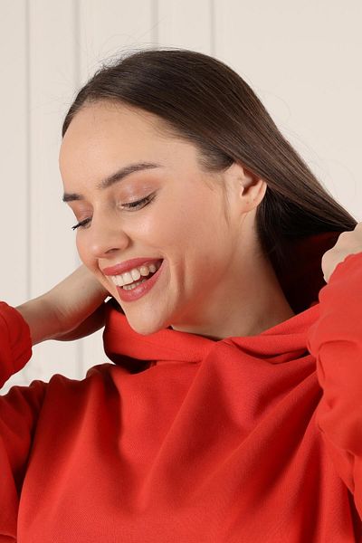 Seamoda Orange Hooded Slit Large Size Women's Daily Use Sweatshirt