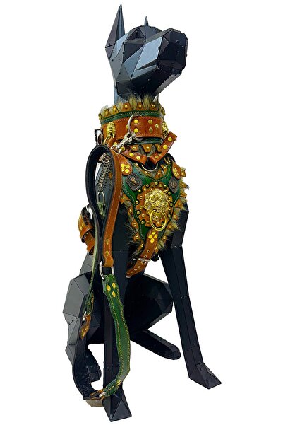 Tasma Market Kahverengi-yeşil Tüylü Deri Köpek Boyun Göğüs Gezdirme Tasması 3'lü Set