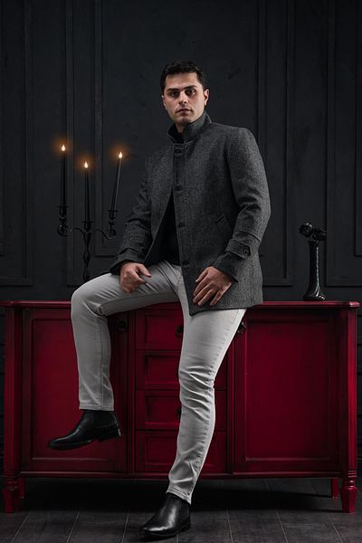 ADVANTE Ανδρικό παλτό Slimfit Stand Collar με αυτο-ριγέ κουμπί και κλείσιμο με φερμουάρ