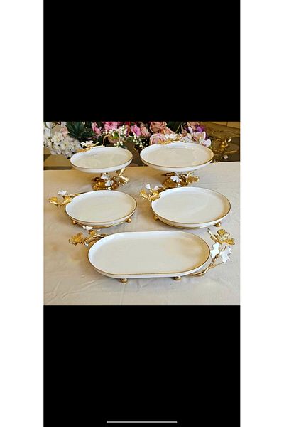 MaviDamla 5 Piece Footed Porcelain Presentation Set with Butterfly Enamel Detail