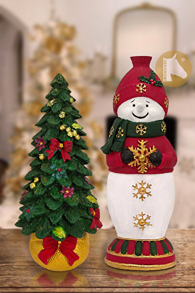 Dekoromi Yılbaşı Dekoratif Kardan Adam Biblo (27x10cm) ve Çam Ağacı (23x11cm)