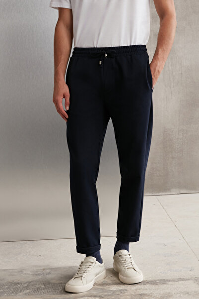 GRIMELANGE Walsh Men's Pique Look Special Fabric Stretchy Double Leg Corded Elastic Waist Navy Blue Trousers