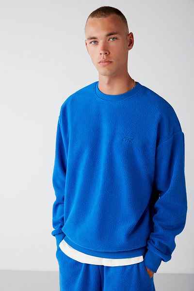 GRIMELANGE Benjamin Men's Fleece Thick Textured Embroidered Round Collar Saks Blue Sweatshirt