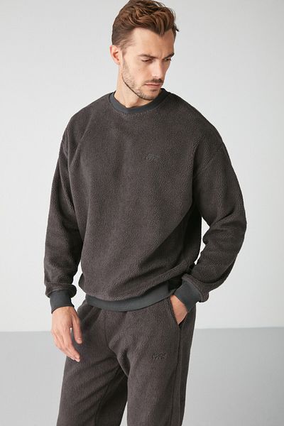 GRIMELANGE Benjamin Men's Fleece Thick Textured Embroidered Round Collar Sweatshirt