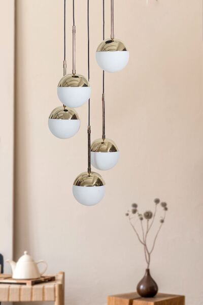 Evnalia Nova 5 Li Gold-Siyah Metal Gövde Beyaz Rengi Camlı Tasarım Lüx Sarkıt...