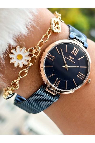 FERRO Brand New Season Navy Blue, Steel Mesh Strap, Women's Wristwatch + Bracelet in Box