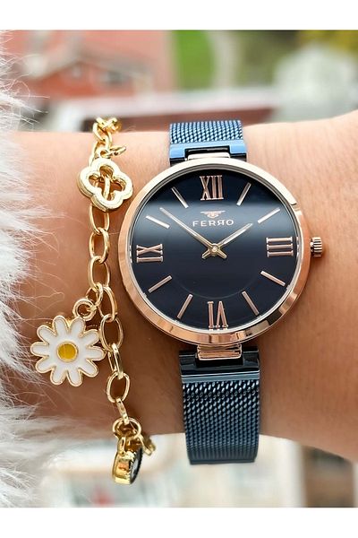 FERRO Brand New Season Navy Blue, Steel Mesh Strap, Women's Wristwatch + Bracelet in Box