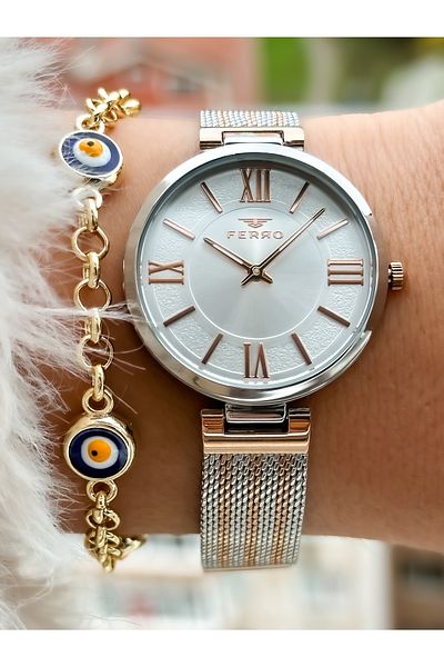 FERRO Brand New Season Rose/Silver, Steel Mesh Strap, Women's Wristwatch+Bracelet in Box