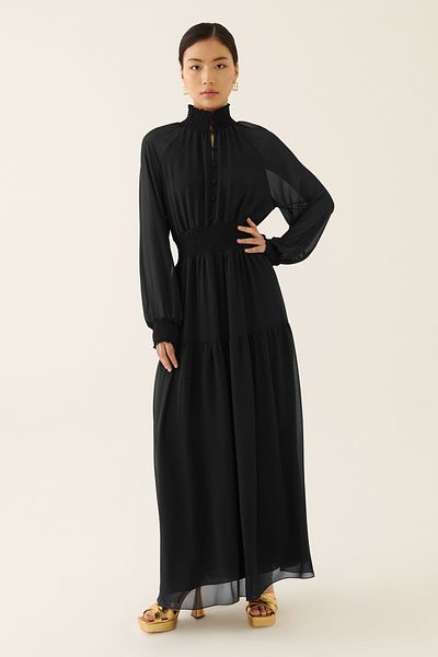 Perspective Dixie Regular Fit High Collar Long Length Black Color Dress