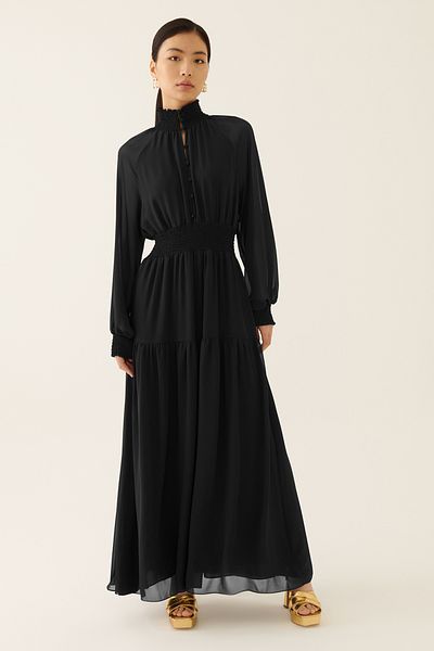 Perspective Dixie Regular Fit High Collar Long Length Black Color Dress