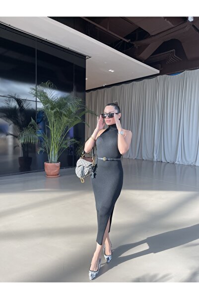 Nur Sönmez Fashion فستان تريكو أسود نصف صياد السمك