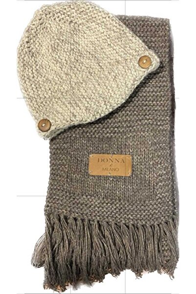 donna e milano Wool Hand Knitted Mink Scarf Beige Beanie Set