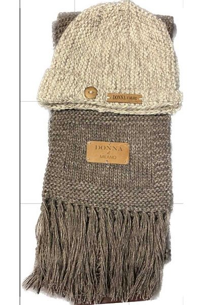 donna e milano Wool Hand Knitted Mink Scarf Beige Beanie Set
