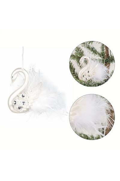 QUEEN AKSESUAR Imported Luxury Collectible White Stone with Pearls Feathered Swan Christmas Pine Tree Decoration Ornament