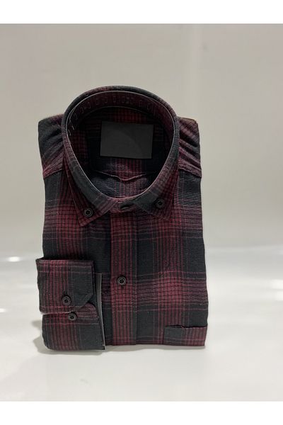 BURSPA Мъжка зимна риза с райета и каре, ежедневна кройка