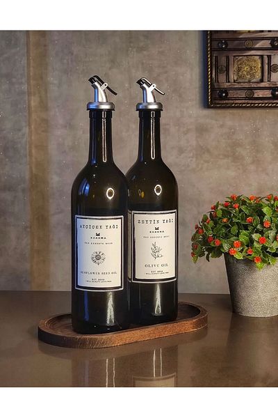Blueeslife Amber 2-Piece 750 ml Olive Oil - Bottle with Wooden Stand Oil Pot
