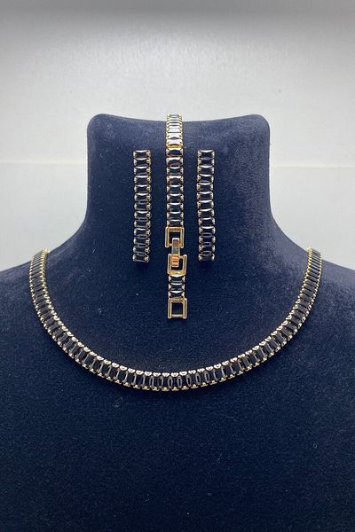 Serelia Black Zircon Stone Baguette Model Su Yolu Gold Necklace & Bracelet & Earring Set 5 mm