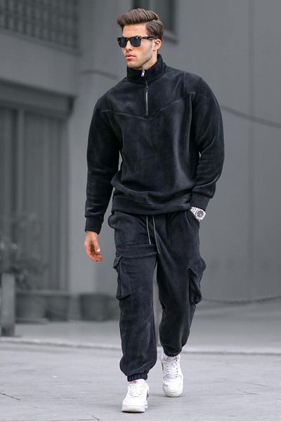 Madmext Schwarzes Herren-Trainingsanzug-Set aus Fleece mit Reißverschlusskragen 5931
