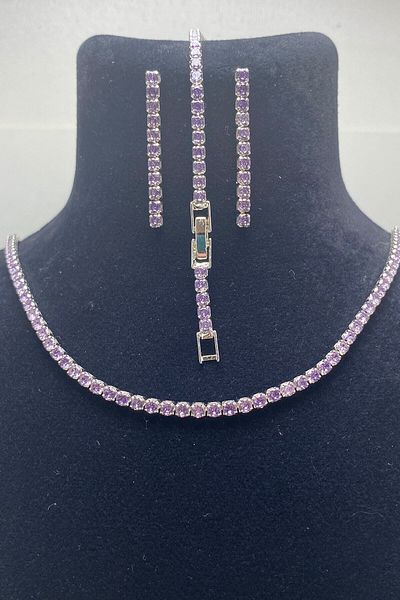 Serelia Purple Zircon Stone Round Model Waterway Silver Necklace & Bracelet & Earring Set 3 mm