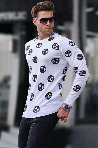 Madmext Weißes bedrucktes Sweatshirt mit Rundhalsausschnitt 1707