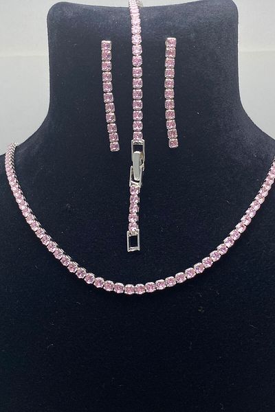 Serelia Pink Zircon Stone Round Model Waterway Silver Necklace & Bracelet & Earring Set 3 mm