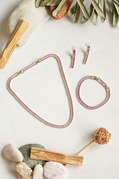 Serelia Pink Zircon Stone Baguette Model Su Yolu Silver Necklace & Bracelet & Earring Set 5 mm