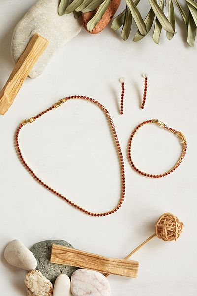 Serelia Red Zircon Stone Round Model Waterway Gold Necklace & Bracelet & Earring Set 3 mm