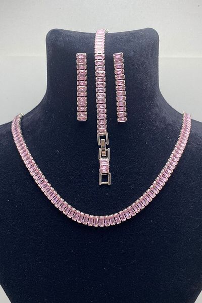 Serelia Pink Zircon Stone Baguette Model Su Yolu Silver Necklace & Bracelet & Earring Set 5 mm