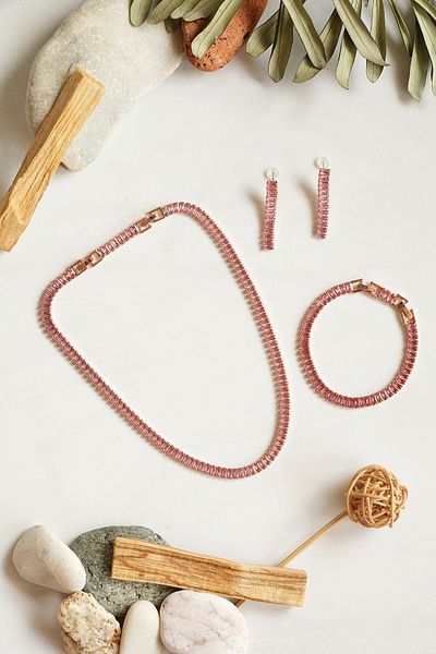 Serelia Pink Zircon Stone Baguette Model Waterway Rose Necklace & Bracelet & Earring Set 5 mm
