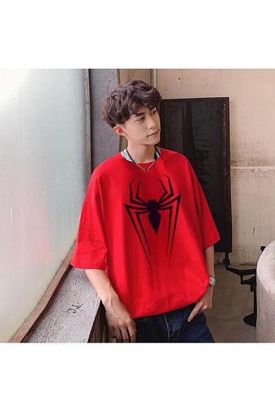 Touz Spider Printed Red Unisex Oversize T-shirt
