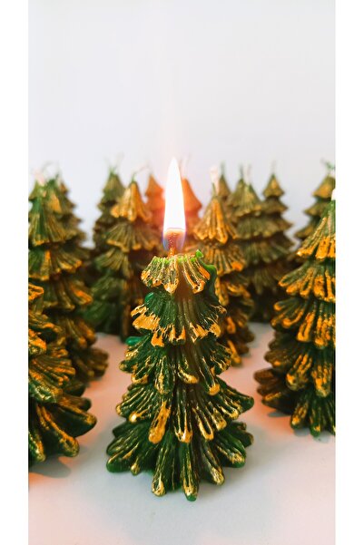 Petekoğlu Doğal Petek Balmumu Mum Yeşil Altın Simli Çam Ağacı Boy 8.5 Cm Bal Mumu