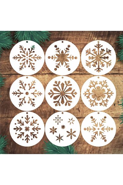 STENCİLTASARIM S265 Snowflake, 10X10 cm Set of 9 New Year - Decorative Wall, Ware, Fabric Painting Stencils