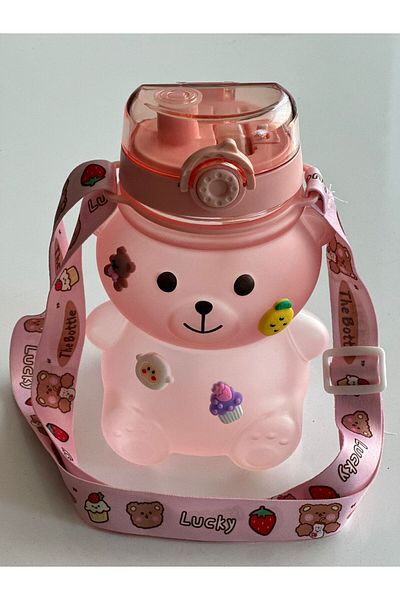 Ecolux 1300mL Children's Water Bottle with Teddy Bear Bpa Free School Water Bottle with Carrying Strap Drip-Free - PINK