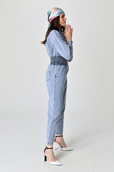 fehika Жіночий садовий комбінезон з еластичним поясом, довгими рукавами, синій джинсовий комбінезон