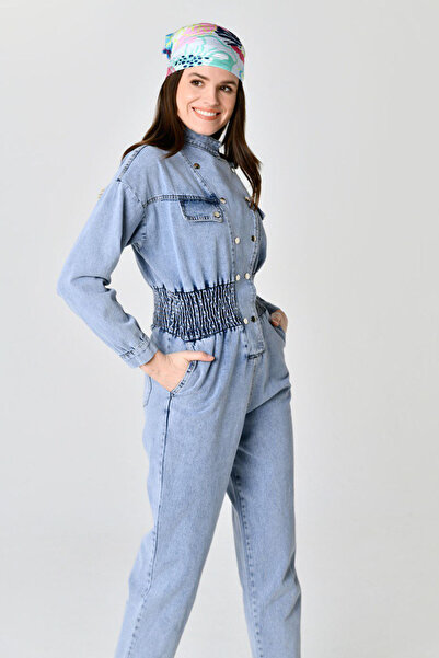 fehika Жіночий садовий комбінезон з еластичним поясом, довгими рукавами, синій джинсовий комбінезон