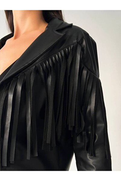 popibutik Set pantaloni jachetă din piele cu franjuri