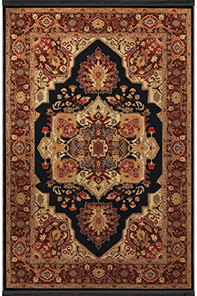 Rugs Modern Halı Μαύρο μπεζ θεματικό παραδοσιακό μοτίβο με έθνικ λουλουδάτο σ...