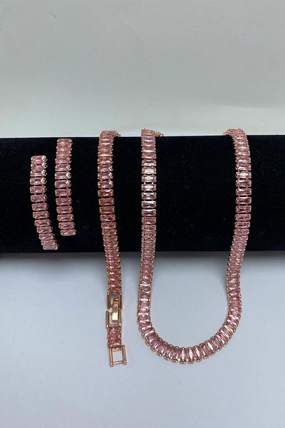 Serelia Pink Zircon Stone Baguette Model Su Yolu Gold Necklace & Bracelet & Earring Set 5 mm