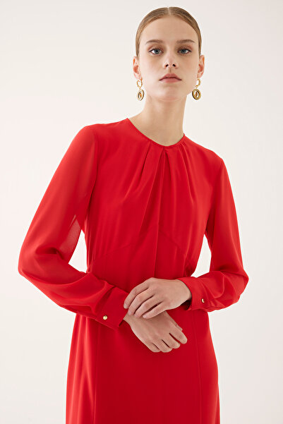 Perspective Dixie Regular Fit Midi Length Fake Sleeve Half Stand Collar Red Color Dress