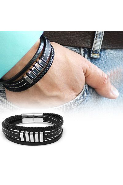 Tesbihane Three Layer Genuine Black Leather & Silver Color Steel Combination Men's Bracelet with Five Name/Letter Writing